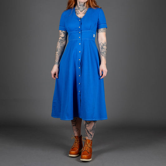 Hen's TeethWomens Dress Herringbone French BlueDressBritish Parts Lucerne