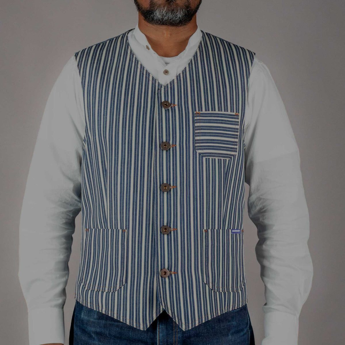 Blue jeansHickory stripes wide blue whiteVestBritish Parts Lucerne