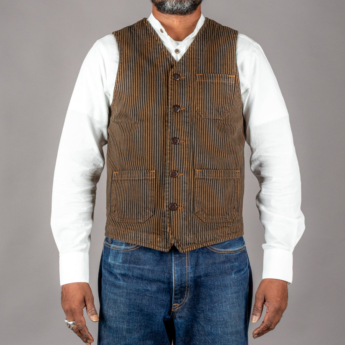 Pike Brothers1937 Roamer Vest Hickory Stripes BrownVestsBritish Parts Lucerne